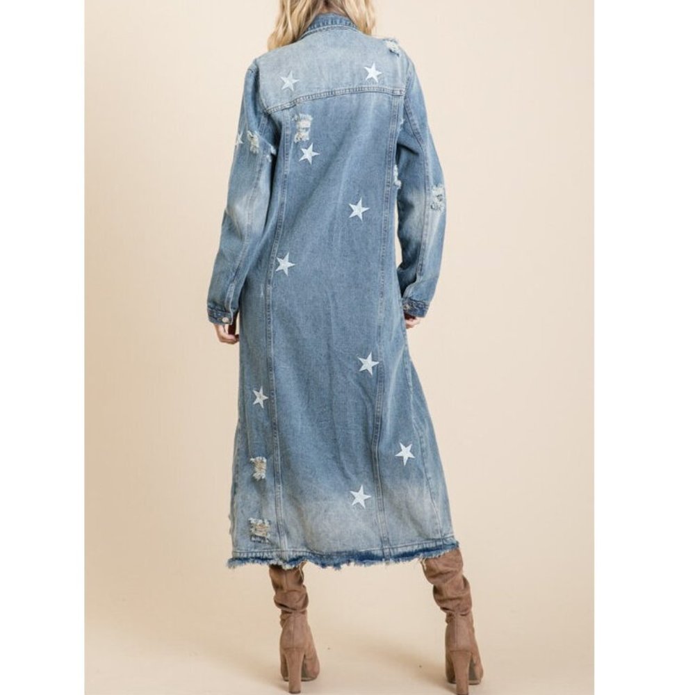SOLD OUT Plus Star Distressed Long Denim Jean Jacket Coat - Picture 7 of 9